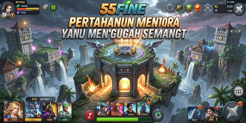 Tampilan gameplay seru di 55FIVE dengan menara pertahanan yang strategis.
