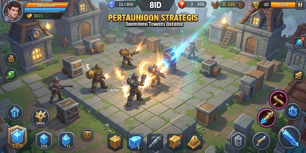 Tangkapan layar gameplay 8ID menampilkan menara pertahanan yang strategis.