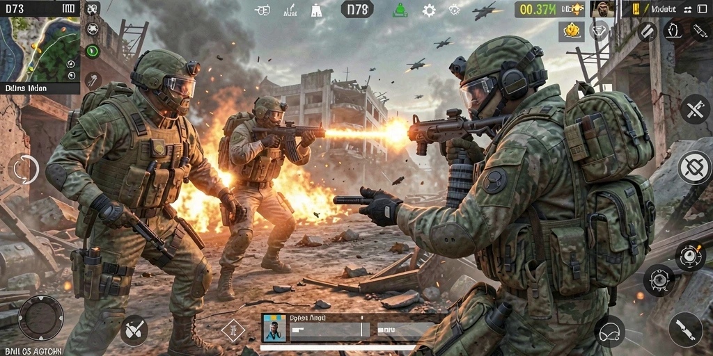 Screenshot D73 menampilkan aksi pertempuran dinamis dalam mode FPS.