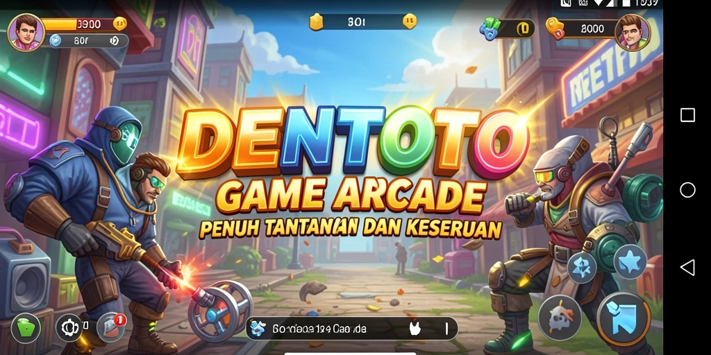 Tangkapan layar DENTOTO menampilkan aksen visual gameplay Arcade yang dinamis.
