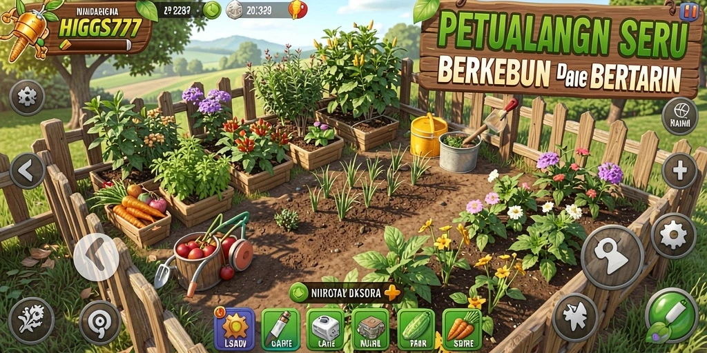 Screenshot gameplay HIGGS777 menampilkan ladang subur dan hasil panen.