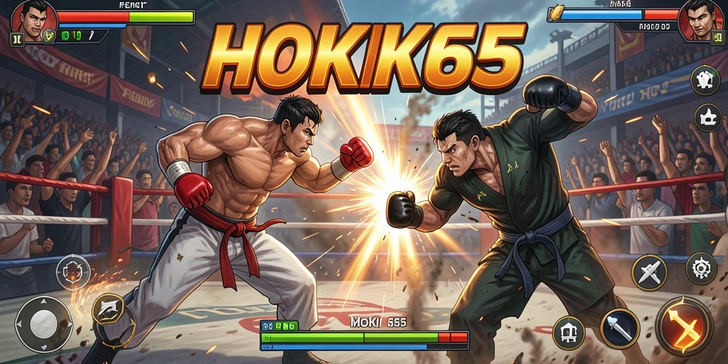 Screenshot utama HOKI65 menampilkan pertarungan epik antar karakter.