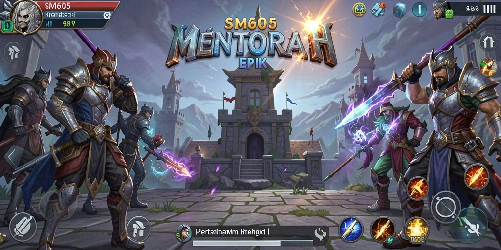 Screenshot gameplay SM605 dengan menara pertahanan yang megah.