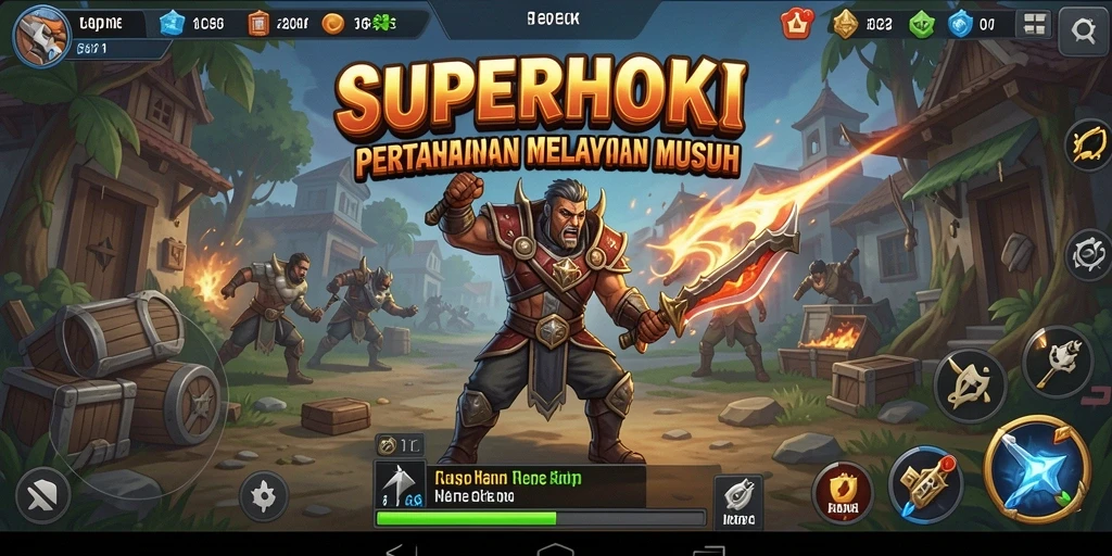 Tangkapan layar gameplay SUPERHOKI menampilkan pertahanan benteng yang intens.